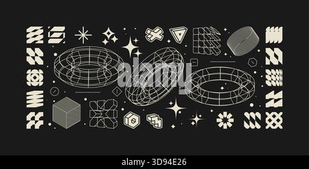 Vector graphic assets kit acid style, Postmodern abstract geometric shapes with wireframe elements of different forms, Y2K trendy design in brutalism Stock Vector