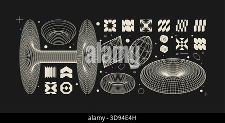Vector graphic assets kit acid style, Postmodern abstract geometric shapes with wireframe elements of different forms, Y2K trendy design in brutalism Stock Vector