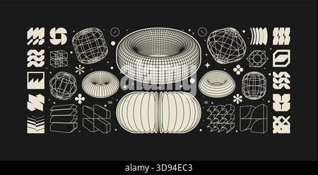 Vector graphic assets kit acid style, Postmodern abstract geometric shapes with wireframe elements of different forms, Y2K trendy design in brutalism Stock Vector