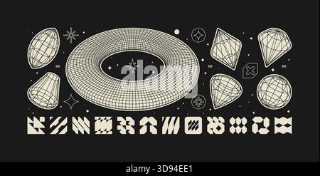 Vector graphic assets kit acid style, Postmodern abstract geometric shapes with wireframe elements of different forms, Y2K trendy design in brutalism Stock Vector