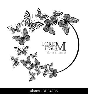 Monochrome black round frame with butterflies . Hand drawn. Not AI, vector illustration. Stock Vector