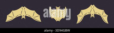 Retro style bat set with three classic poses perfect for Halloween posters stickers or logo design Stock Vector