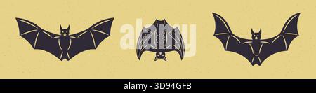 Set of 3 vintage Halloween bat illustrations in different poses clean isolated style great for spooky decor Stock Vector