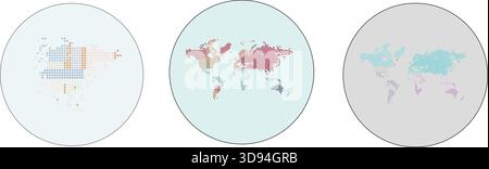Pixel World Map Icons Set, Dotted Global Map Design in Circular Frames, Minimalist Geographic Illustration for Data Visualization and Infographics Stock Vector