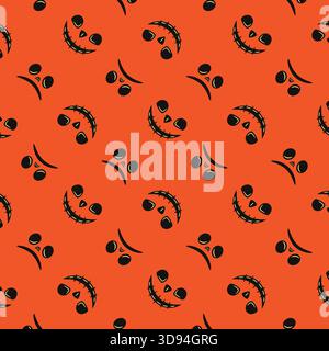 Seamless Halloween pattern with playful spooky faces on orange background ideal for party decor or textiles Stock Vector