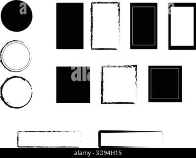 Grunge Frames and Shapes Set – Distressed Circle, Square, Rectangle Borders and Blank Label Elements for Graphic Design and Handmade Texture Artwork Stock Vector