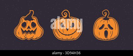 Cute and spooky pumpkin icons drawn in vintage look good for fun seasonal branding Stock Vector