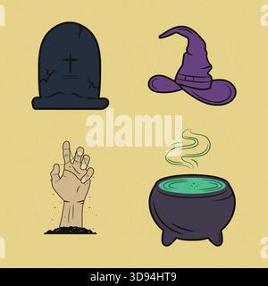Vintage Halloween set with spooky items like tombstone witch hat and bubbling cauldron drawn in playful retro style Stock Vector