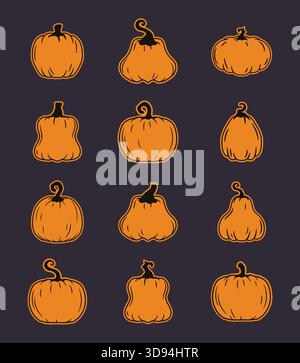 Halloween icon pack with unique pumpkins drawn in vintage style perfect for seasonal graphics and prints Stock Vector