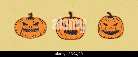 Retro pumpkin faces collection perfect for posters flyers or social media graphics Stock Vector