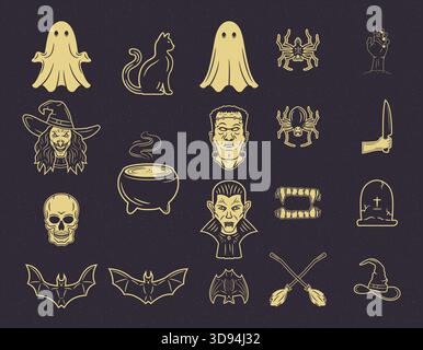 Full Halloween icon pack with 19 spooky elements including monsters symbols and characters in vintage vector style Stock Vector