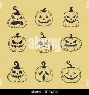 Timeless Halloween pumpkins drawn in clean retro style isolated for easy use in logos posters and more Stock Vector