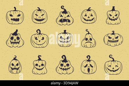 Set of 15 hand drawn Halloween pumpkins in retro style perfect for posters logos and themed graphics Stock Vector