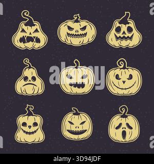 Vintage pumpkin icon pack with charming jack o lantern faces great for Halloween branding and design work Stock Vector