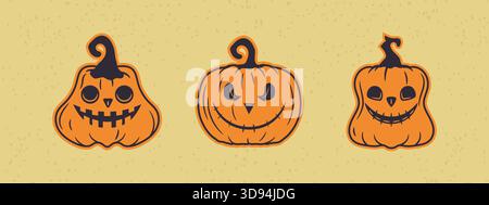 Hand drawn Halloween pumpkins in vintage style ideal for themed branding and decoration Stock Vector