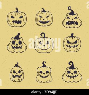 Classic set of vintage Halloween pumpkins detailed jack o lanterns perfect for posters and printed designs Stock Vector