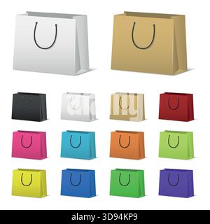 Color Shopping Bag Set. Colorful Paper Shopping Bags Collection, Blank Shopping Bag Icons in Different Colors. 3D Vector Shopping Bags for Retail Stock Vector