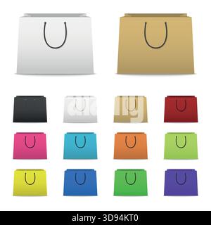 Color Shopping Bag Set. Colorful Paper Shopping Bags Collection, Blank Shopping Bag Icons in Different Colors. 3D Vector Shopping Bags for Retail Stock Vector