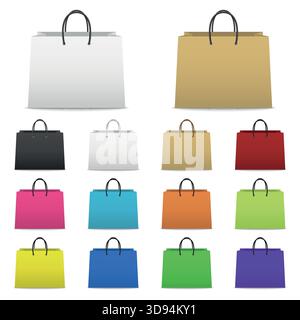 Color Shopping Bag Set. Colorful Paper Shopping Bags Collection, Blank Shopping Bag Icons in Different Colors. 3D Vector Shopping Bags for Retail Stock Vector
