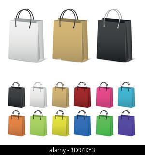 Color Shopping Bag Set. Colorful Paper Shopping Bags Collection, Blank Shopping Bag Icons in Different Colors. 3D Vector Shopping Bag Set Stock Vector