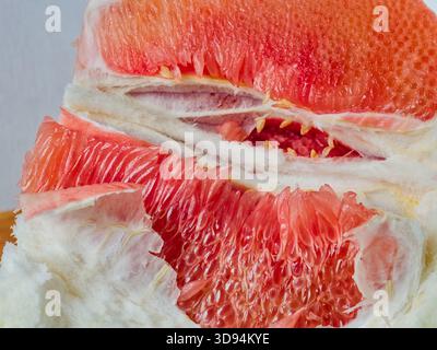 Extreme Macro of Pomelo Citrus Fruit Pulp and Membranes, Abstract Organic Texture Stock Photo