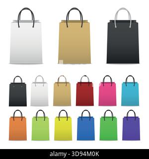 Color Shopping Bag Set. Colorful Paper Shopping Bags Collection, Blank Shopping Bag Icons in Different Colors. 3D Vector Shopping Bags for Retail Stock Vector