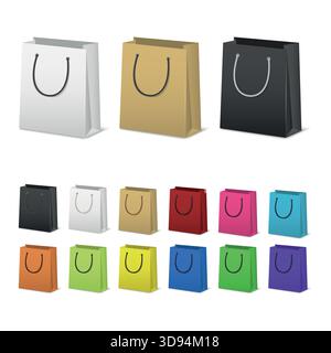 Color Shopping Bag Set. Colorful Paper Shopping Bags Collection, Blank Shopping Bag Icons in Different Colors. 3D Vector Shopping Bags Design Stock Vector