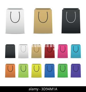 Color Shopping Bag Set. Colorful Paper Shopping Bags Collection, Blank Shopping Bag Icons in Different Colors. 3D Vector Shopping Bags for Retail Stock Vector