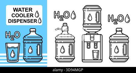 Water cooler dispenser, H2O drink big gallon plastic bottle. Fresh liquid  clean aqua mineral beverage. Electrical cooling heating equipment line icon Stock Vector