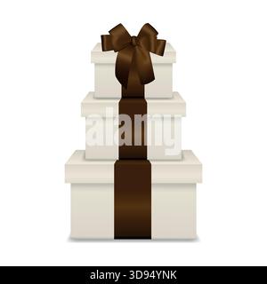 Beige Stacked Gift Boxes with Brown Ribbon. Cream Present Box Tower. Vector Gift Box Set for Wedding, Anniversary, Corporate, Christmas and New Year Stock Vector
