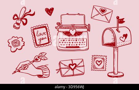Love letter vector doodle set with typewriter and mail box in sketch style with hand drawn line art. Red on pink builds a romantic look. Good for valentine day design and for cute card background. Stock Vector