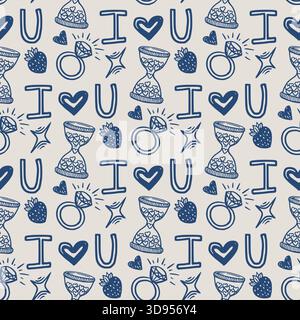 I Love You vector seamless pattern for wedding or engagement in doodle sketch style with hand drawn outline. Blue on beige with romantic mood. Good for valentine day design and cute card background. Stock Vector