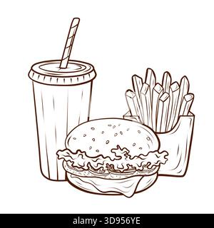 A fast food set featuring a burger, fries, and a drink. Vector illustration, executed in a minimalist outline style with brown lines. Stock Vector