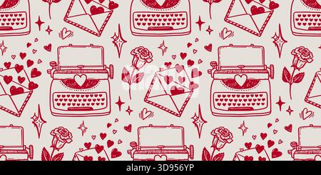Love letter vector seamless pattern with typewriter and heart in doodle sketch style with hand drawn outline. Red on pink creates romantic look for valentine day design. Nice for cute card background. Stock Vector