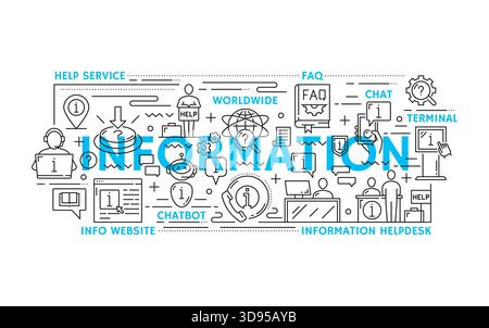 Information line icons of instruction and help, privacy policy and manual guide, vector pictograms, Information icons of helpdesk and chatbot assistant, FAQ book and info point terminal or call center Stock Vector
