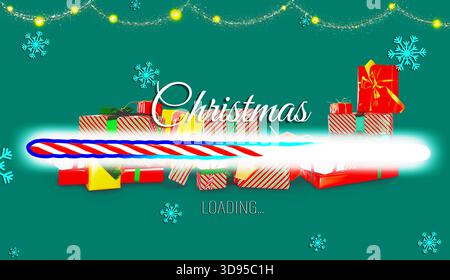 Christmas loading concept with glowing candy cane progress bar, wrapped gifts, and snowflakes on green background. High quality photo Stock Photo
