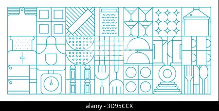 Utensil kitchenware abstract geometric pattern. Linear grid with kitchen cookware arranged in a geometric layout. Includes items like cutting boards, graters, scales, forks, dishes and spice shakers Stock Vector
