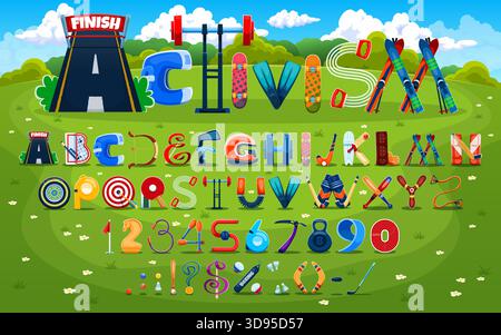 Funny fitness type, cartoon sport font, soccer and football typeface, kids activity English alphabet. Vector sports letters and numbers and symbols on green field for children activities and education Stock Vector