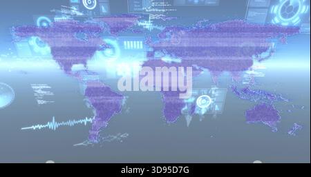 Displaying purple dotted world map centering in virtual control interface, with cyan HUD panels Stock Photo
