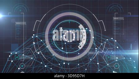 Rotating central HUD showing concentric rings in virtual dashboard, with network nodes and flares Stock Photo