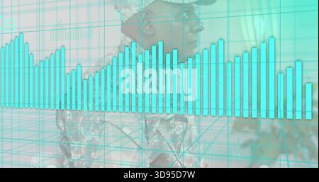Viewing soldier wearing camouflage and patrol cap in command display with cyan bar columns and grid Stock Photo