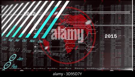 Displaying red stylish globe rotating on virtual dashboard, with hexagonal circuitry and data logs Stock Photo