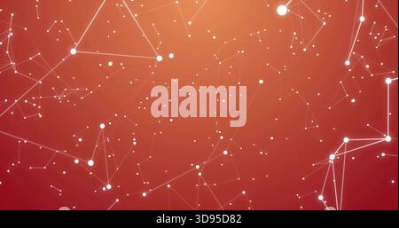 Forming abstract white nodes and thin lines with scattered dots on red-orange gradient, glowing Stock Photo