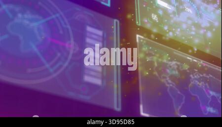 Displaying translucent UI panels in control hub, showing world map, radar, status bars, flares Stock Photo