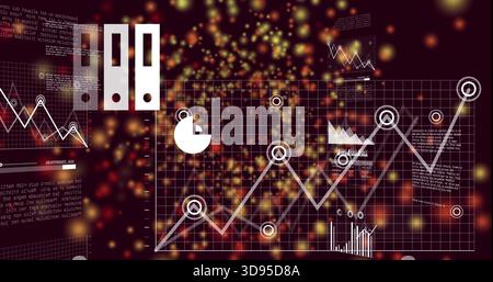 Displaying data visualization on dashboard, showing grid with ascending white line graph and nodes Stock Photo