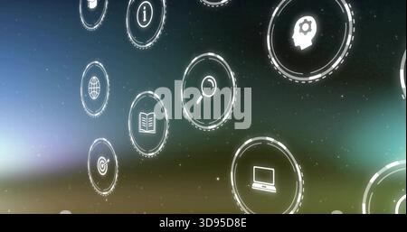 Floating glowing UI icons drifting in virtual starry space, showing magnifying glass, laptop, globe Stock Photo