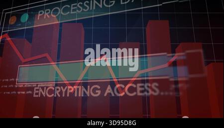 Displaying 3D red bar chart tracing red-orange line graph on data HUD, ENCRYPTING ACCESS overlay Stock Photo