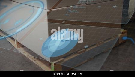 Displaying wooden pallet with stacked cardboard boxes in warehouse, AR overlay and green strap Stock Photo