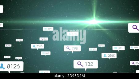 Floating white callout displaying search icon and 132 in 3D data space, with user, envelope icons Stock Photo