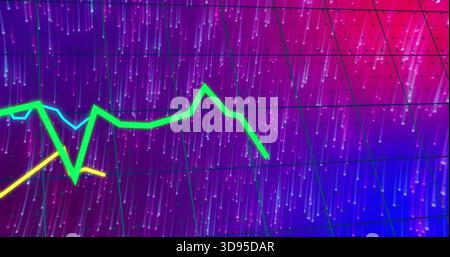Displaying bright neon green zigzag line graph dominating dashboard, with cyan, yellow lines Stock Photo
